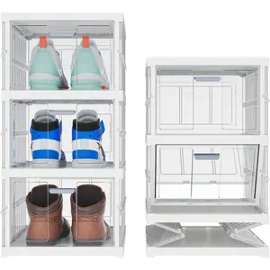 Foldable Shoe Box Organizer with Transparent Doors for Shoes Sneakers - No Assembly Required Stackable Storage Bins Organizer for Caps Collections Display, 3 Tier Clear White