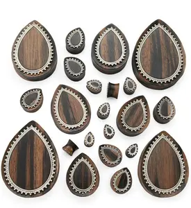 Adorn White Brass Inlay Areng Wood Teardrop Plugs