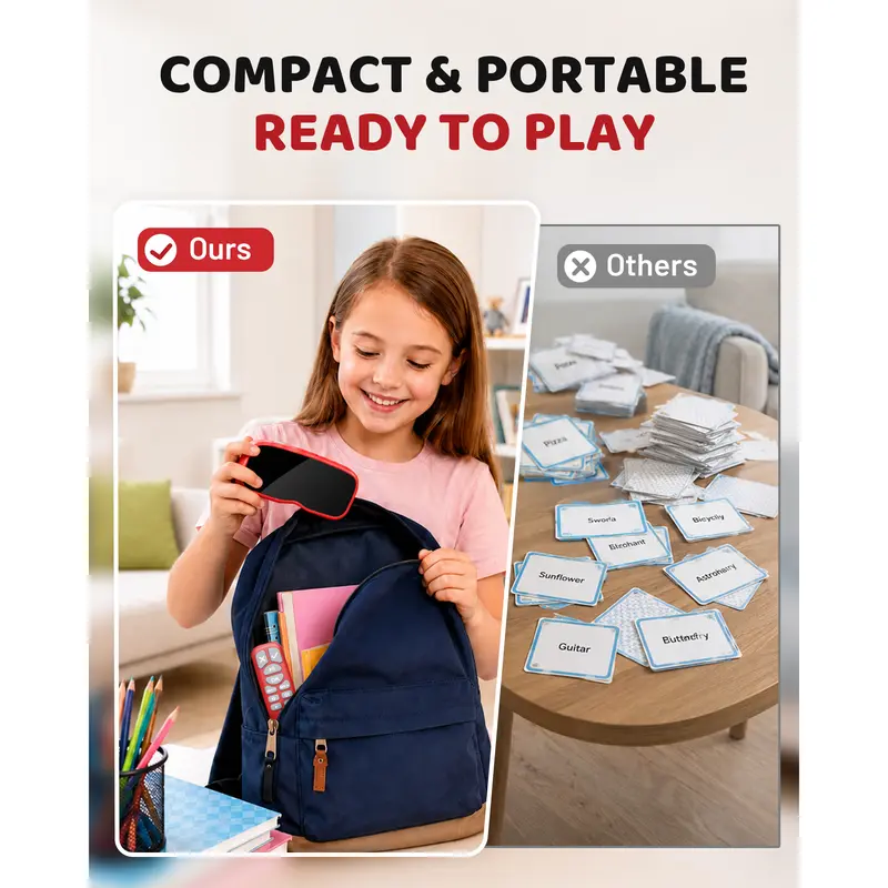 Compact LED headband game packed in a backpack compared to a bulky pile of paper word cards