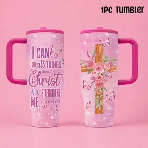 1pc 40oz Stainless Steel Tumbler, Drinkware, I Can Do All Things Through Christ Scripture Print, Pink Floral Cross Butterfly Pattern, Available in Cream/White, with Handle, Leakproof Lid, Foldable Straw, Thermal Mug for Hot and Cold Drinks