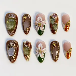 Green Cat Eye Press On Nails, 3D Floral, Gold Chrome