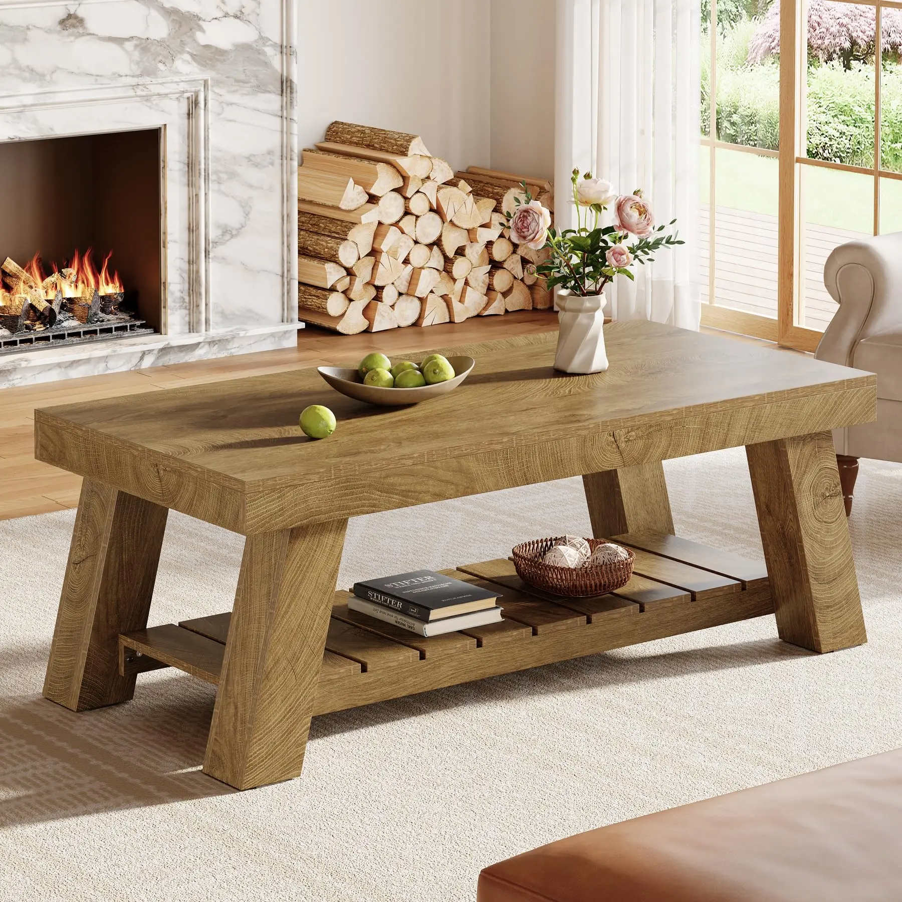 Tribesigns Farmhouse Wood Coffee Table, 2-Tier Rustic Living Room Centerpiece with Storage Shelves, 47.24" Tribesigns Farmhouse Wood Coffee Table, 2-Tier Rustic Living Room Centerpiece with Storage Shelves, 47.24"