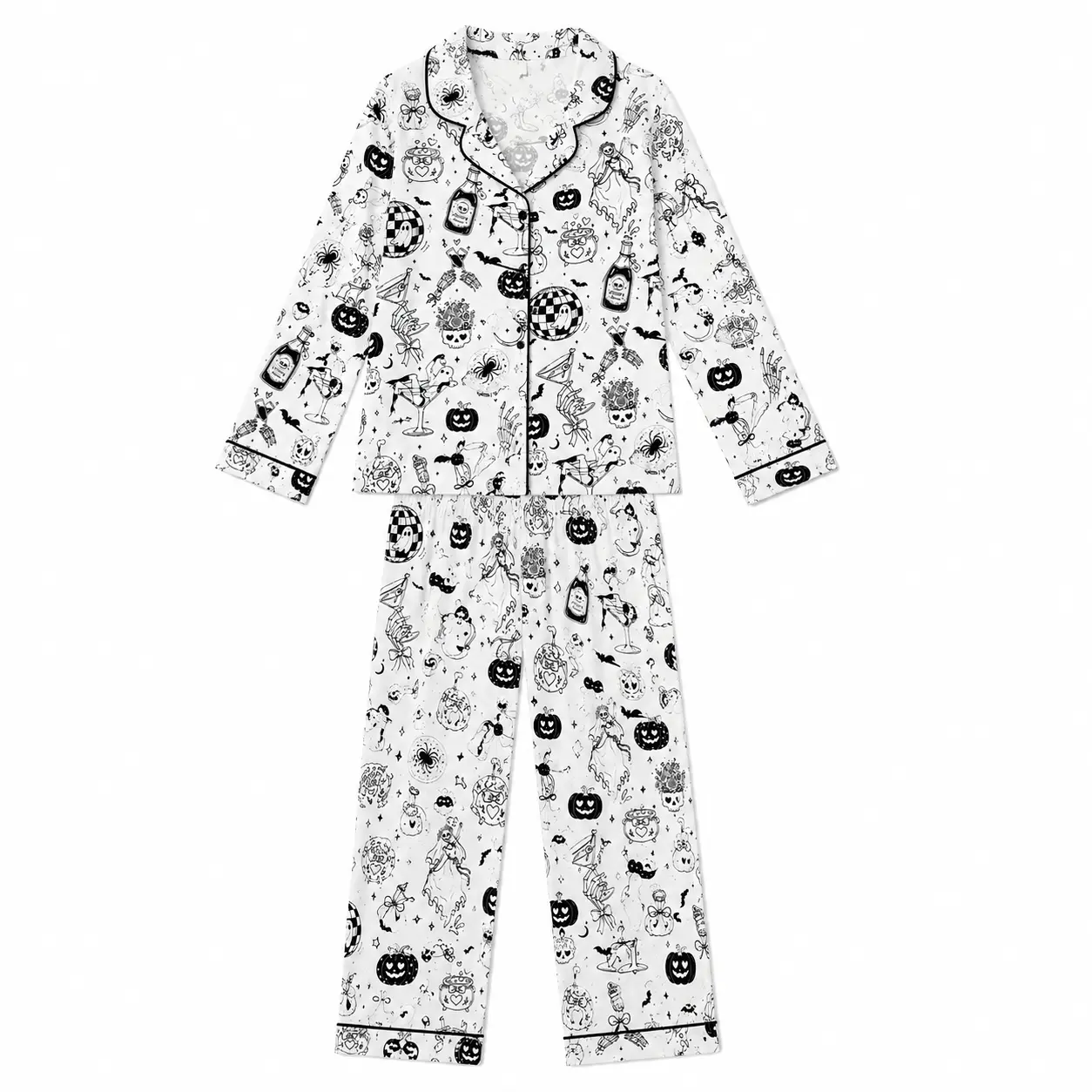 Cute Halloween Pajama Set for Women, Spooky PJs with Ghost Pumpkin Disco Print, Funny Gothic Sleepwear, Short and Long Sleeve Pajamas