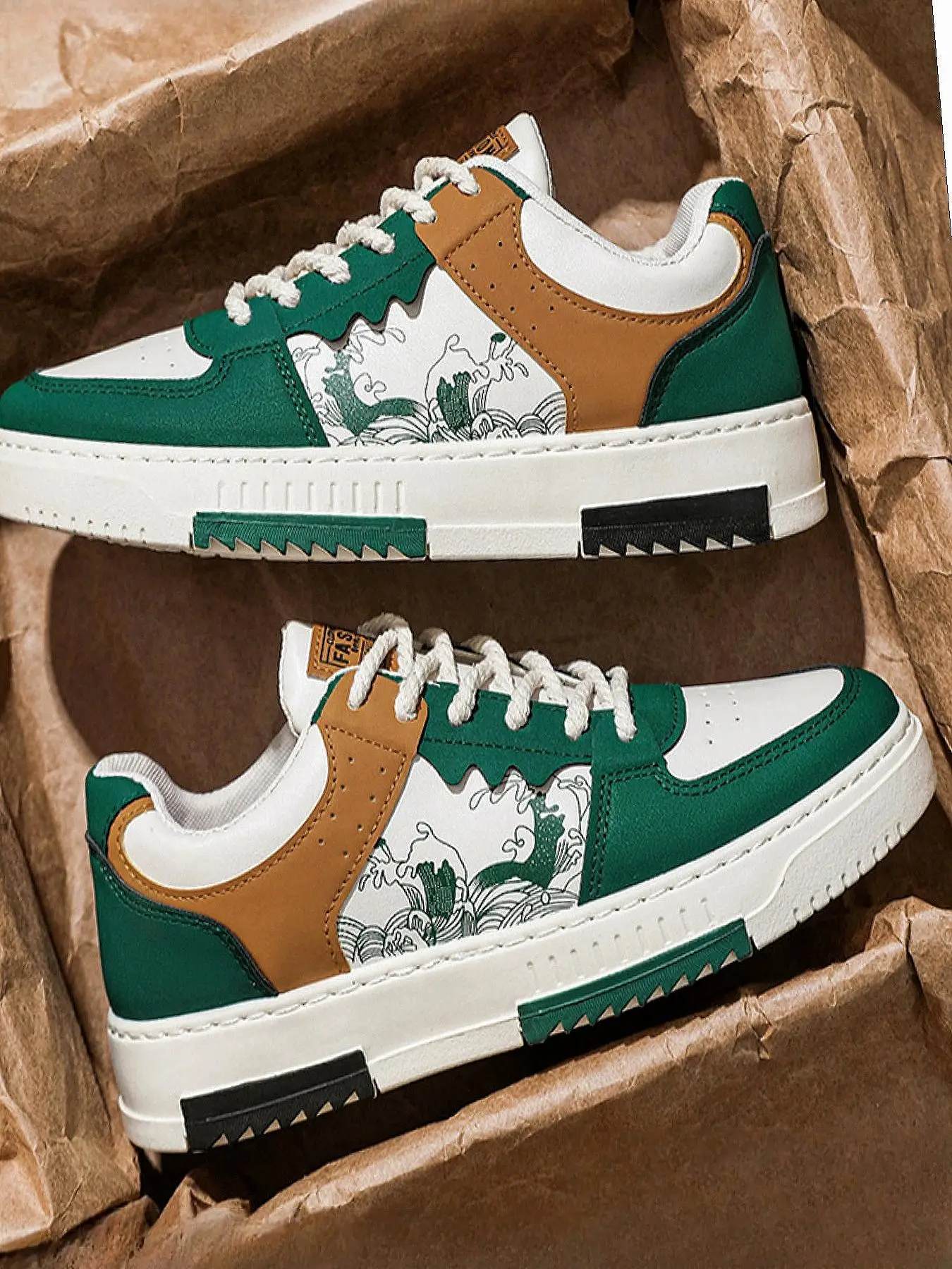 Men's Fashion Colorblock Print Lace Up Low Top Sneakers, Casual Comfortable Breathable Skate Shoes, Fashion All-match Leisure Style Walking Shoes for