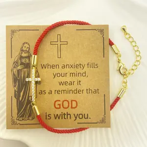 GODISS 18k Gold Plated Diamond Cross Bracelet Red Rope Braided Adjustable Design Inspirational Christian Jewelry Gift for Mother Daughter Bestie Family