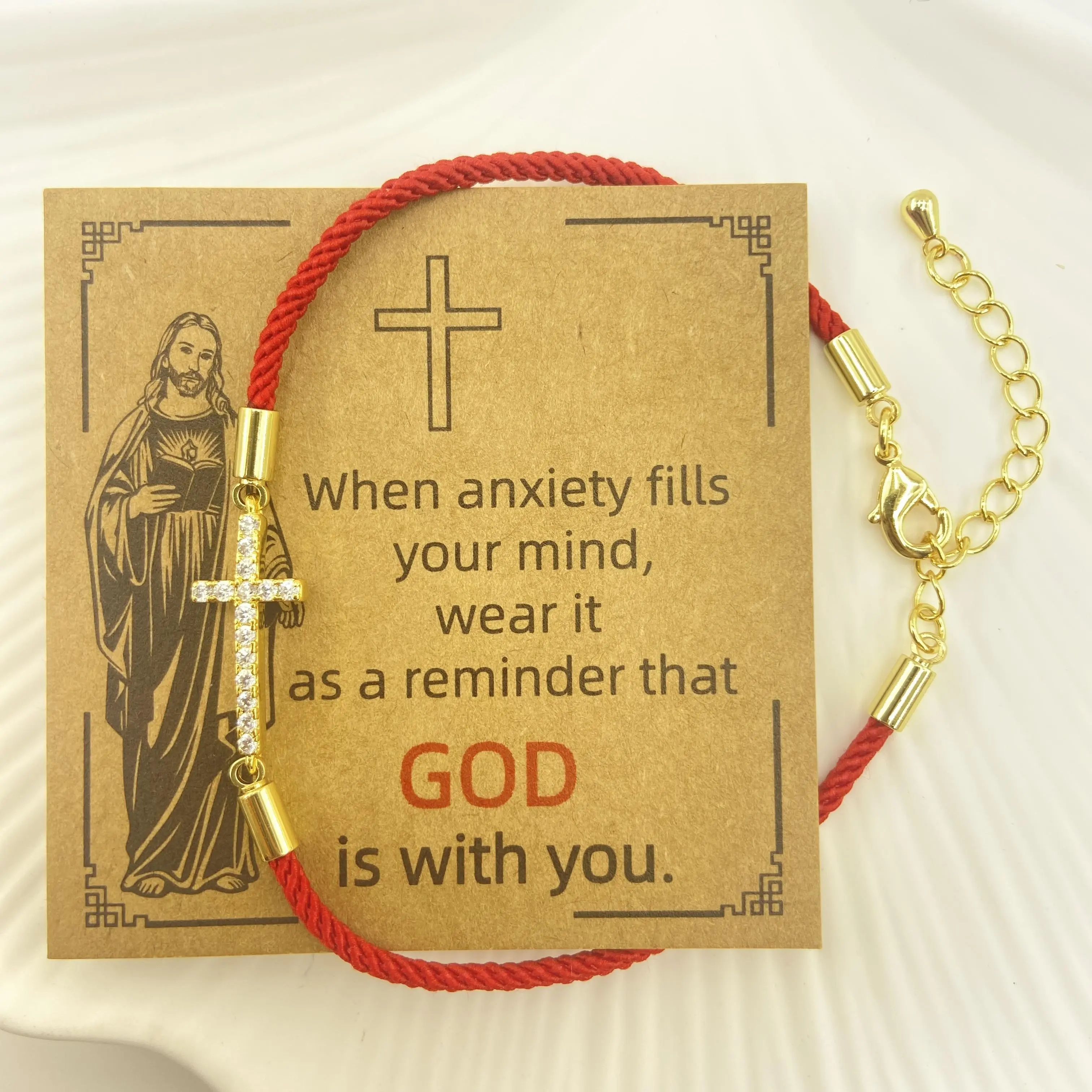 GODISS 18K Gold-Plated Rhinestone Cross Blessing Bracelet - Red Braided Adjustable Size Chain, Emotional Anchor Bracelet, God Is With You Spiritual Jewelry, Christian Gift for Mother,daughters,Girlfriends ＆ friendship