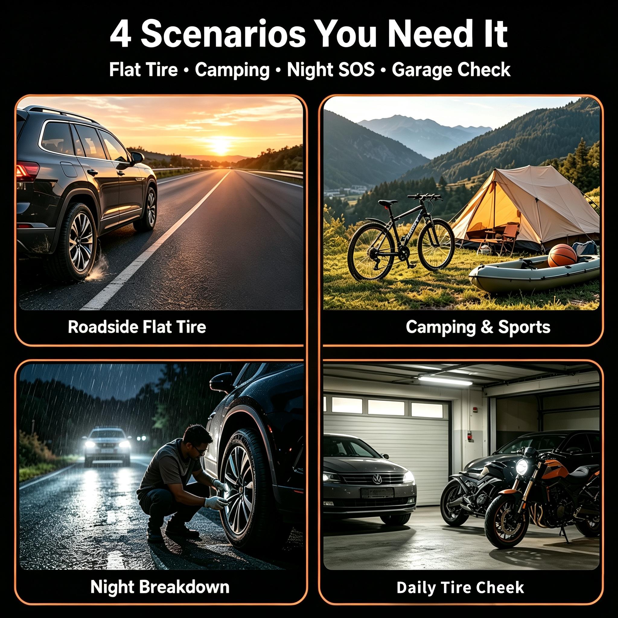 7-in-1 Wireless Tire Inflator - Tire Inflation Tool with Digital Dual Value Display, 150 PSI, 3-Mode Bright LED Flashlight, 2000mAh Power Bank, 8-Minute Ultra-Fast Speed, Cordless Battery-Powered for Roadside Help