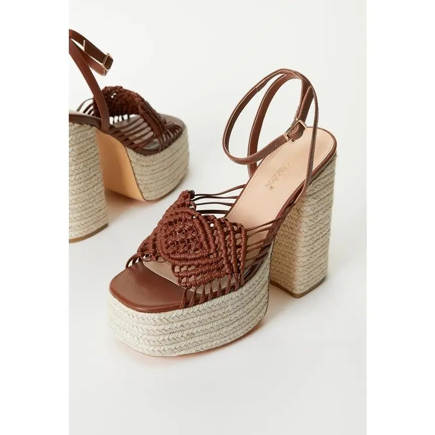 JUST FAB Women's Brown Macrame Platform Heel Sandals 5.25" Jute Espadrille Heels with Adjustable Ankle Buckle Casual Platform Sandals Chunky High Heel Sandals for Daily Wear