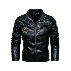 Men's synthetic leather jacket with zipper pocket, autumn and winter men's fashionable zipper motorcycle jacket casual top long sleeved men's jacket collar polyester small fabric tight pantsRAIMENTRY