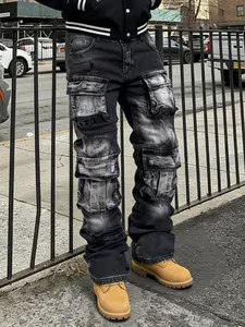 Men's Vintage American Style Jeans, Denim Clothing, Large Pocket Design, Washed Gradient Workwear Pants, Casual Long Trousers for Men