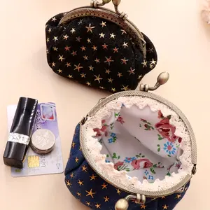 Vintage-Inspired Star Print Denim Pouches - Multi-Functional Zero Wallet, Key Holder, and Card Holder with Golden Tassel Handles, Non-Woven Fabric, Perfect for Travel and Organization, Travel Accessories |   Star Print Pouch |   Durable Fabric, Denim Fabr