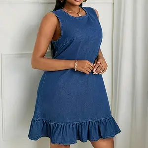 2025 Plus Size Women's Casual Sleeveless Open Back Pleated Denim Skirt, Elegant and Cute Suitable for Outings and Dates