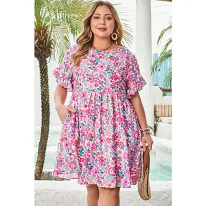 Plus Size Floral Frilled Short Sleeve Mini Dress