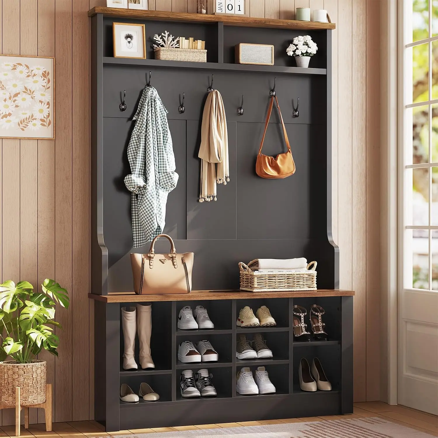 Itaar Hall Tree with Bench and Shoe Storage, 3-in-1 Entryway Bench with Coat Rack, Hall Tree with Adjustable Shoe Storage and Hanging Hooks, White and Brown (Black)