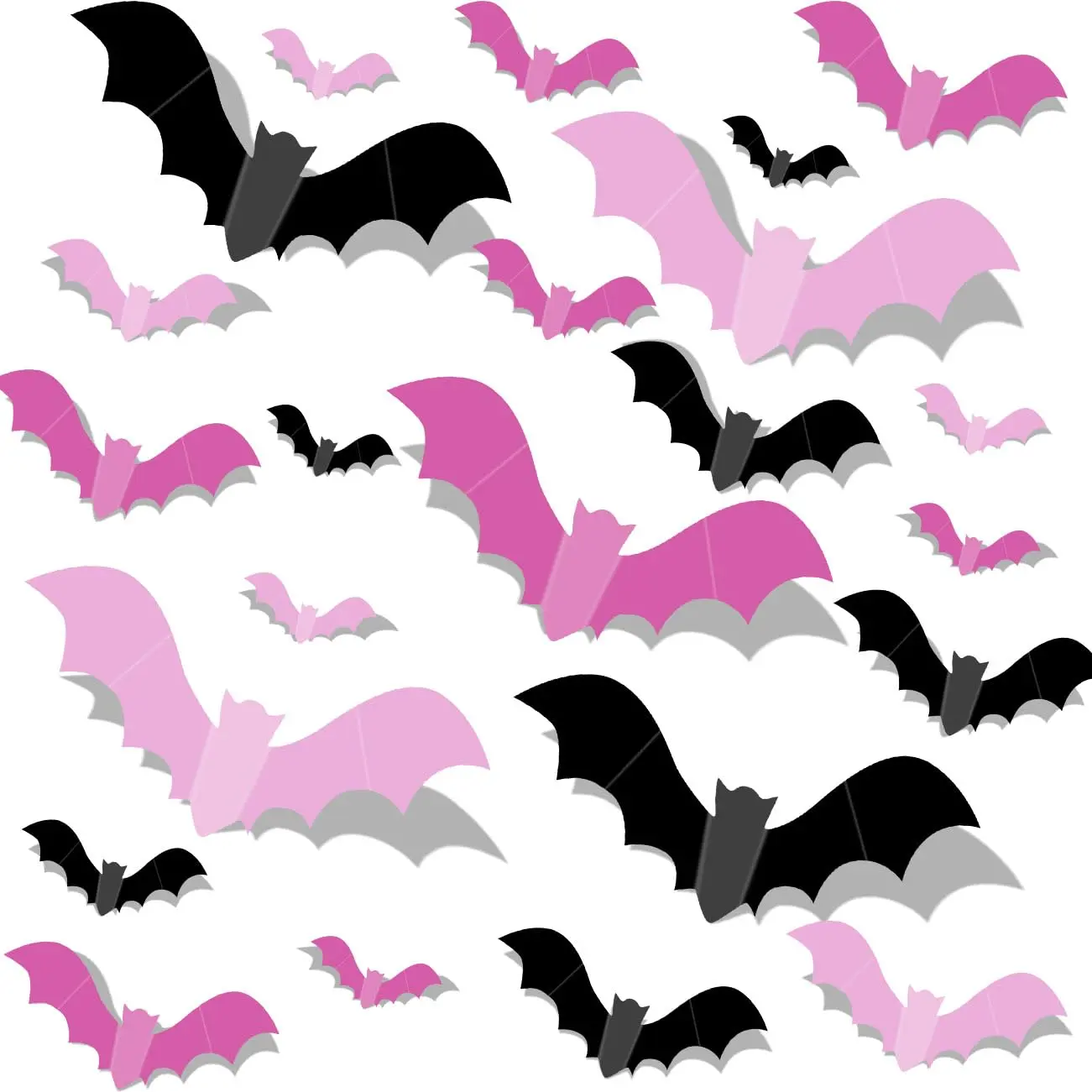 Blush Pink and Matte Black 3D Halloween Bat Wall Decals – Set of 48 Waterproof PVC Stickers in Four Sizes for Bedroom, Party, or Spooky-Themed Room Decoration