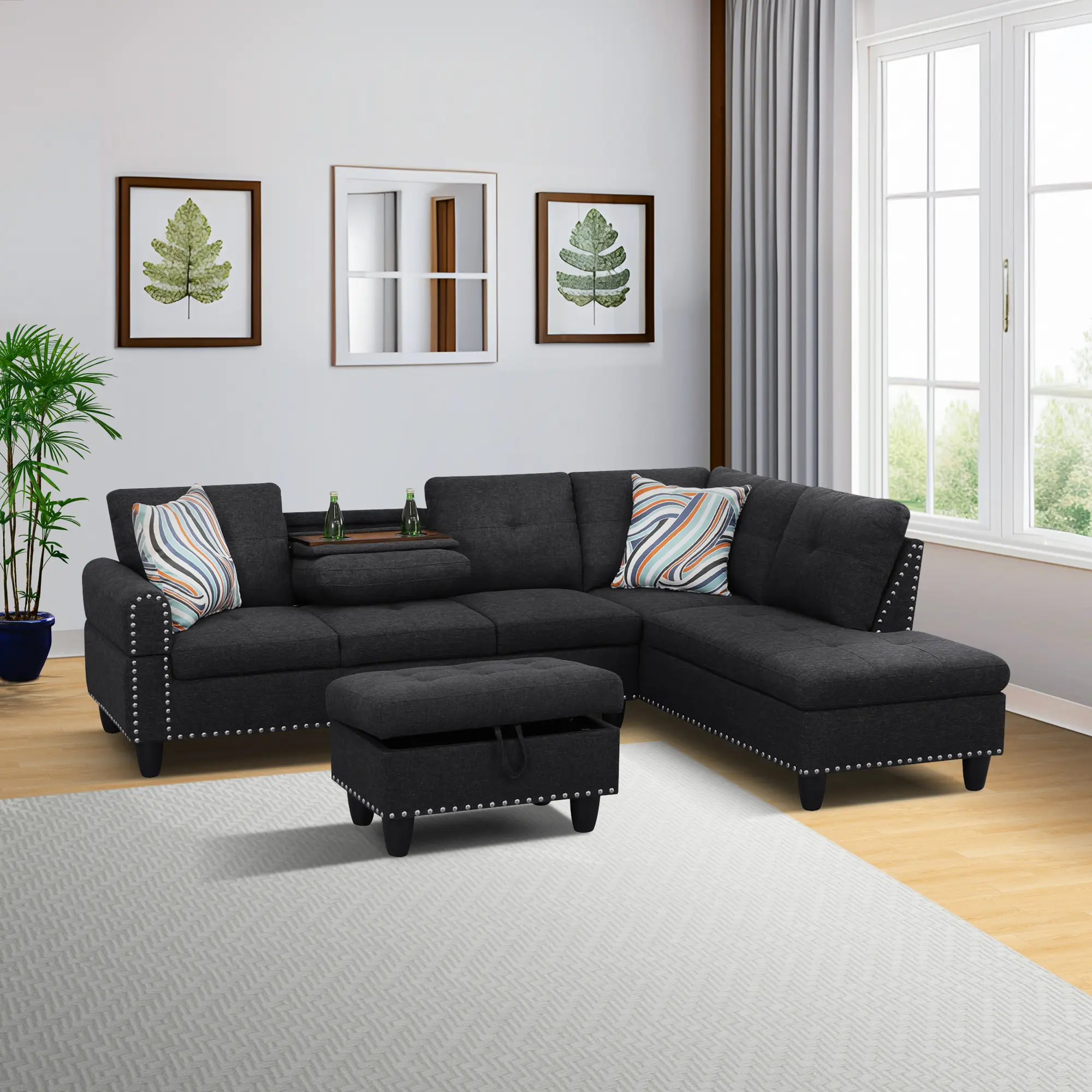 2-3Piece Modern Black-Grey Linen Sectional Sofa Set with Studded Accents and Matching Ottoman for Contemporary Living Room Indoor Furniture