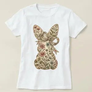 Women Casual Round Neck Short Sleeve T Shirt Featuring Easter Bunny with Pink Bow and Colorful Swirls Print Perfect for Spring Festival and Holiday Warm Weather Outfits