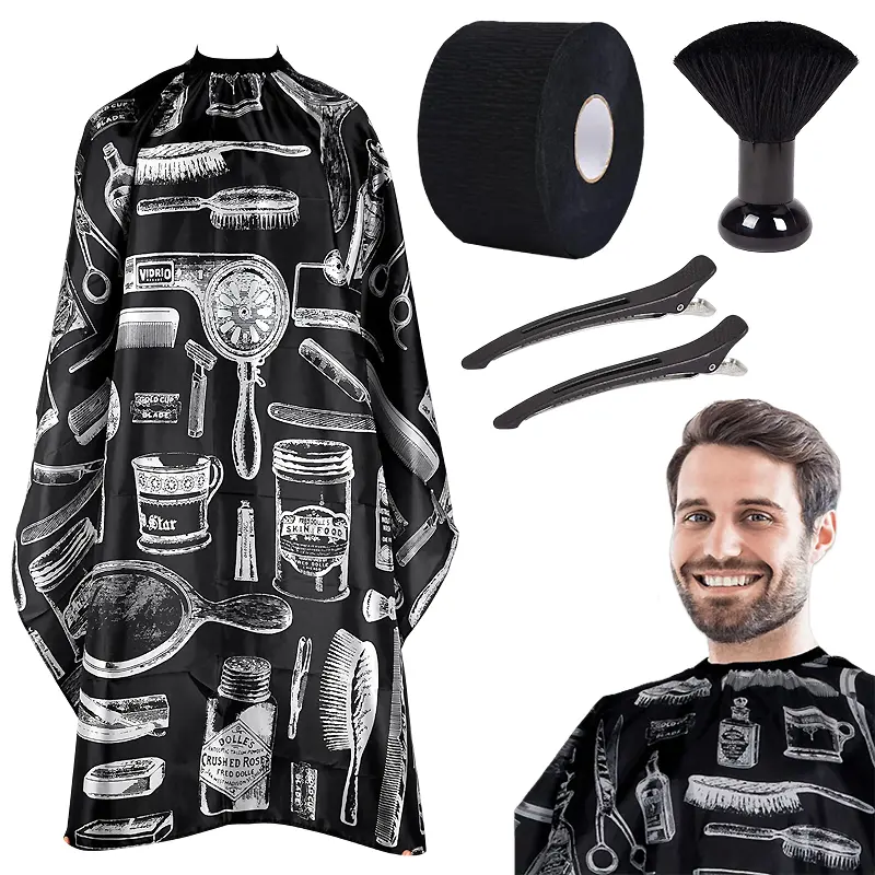 5pcs Professional Hair Cutting Cape Set for Men - Haircare, Durable Anti-Static Heat-Resistant Fabric Barber Cape with Adjustable Neck Strips & Duster for Salons & Home Use