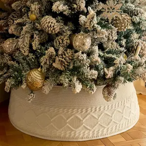 Knit White Rustic Farmhouse Christmas Tree Collar Skirt Adjustable Christmas Tree Base Cover for Artificial Trees Fits 6ft 6.5ft 7ft 7.5ft Trees