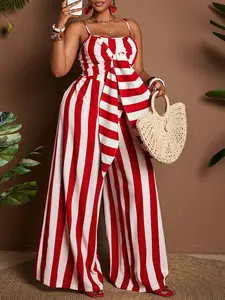 Plus Size Women's Striped Jumpsuit, Wide Leg, Adjustable Shoulder Straps, Loose-Fitting, Long Hem, Casual Style, Fashion, Ideal for Vacation or Daily Wear
