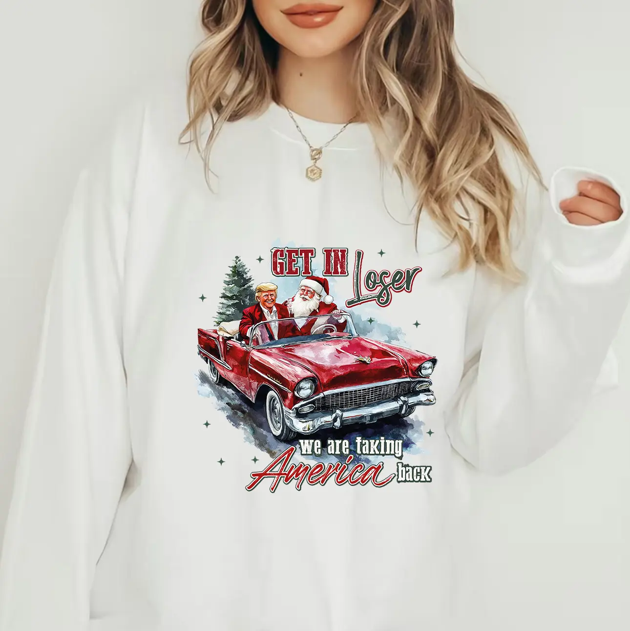 Trump and Santa Clause - Sweater, Relaxed Fit Printed in The USA Womenswear Apparel Vintage Woman Streetwear Comfort
