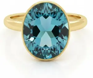 Gold Bezel Set Ring with Oval Blue Topaz Gemstone, Yellow Gold, Statement Cocktail Style