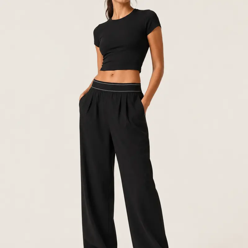 Women’s High Waist Wide Leg Yoga Pants, Black Relaxed Fit Workout Trousers, Soft Stretch Lounge Pants for Pilates, Gym, Running, Travel, Casual Athleisure, Comfortable Activewear with Pockets Waistband, elastic band, and belt