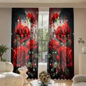 2 Piece Polyester Rose Print Curtains, Romantic Star Pattern Rod Pocket Window Drapes, Bedroom and Living Room Decor, Sweet Style