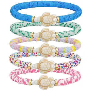 Rainbow Set Sea Turtle Clay Beaded Stretch Bracelet Bohemia Surfer Heishi Bracelets for Women Men Sea Turtle  Bracelet Summer Beach  Gifts