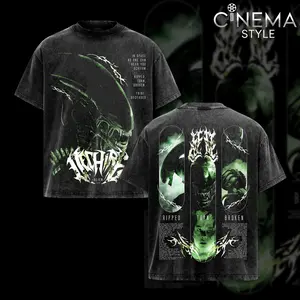 Xenomorph x Alien Acid-Washed Cotton T-Shirt, Vintage Graphic Tee for Fans of the Series Alien, Top Streetwear Cotton Design for Men and Women, Unisex T-Shirt Hot