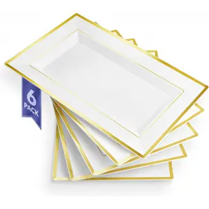 (6 Pcs) Premium White and Gold Plastic Serving Tray, Plastic Serving Platter Disposable, White Rectangle Party Trays and Platters for Fruit, Dessert, Cookies, Appetizers, Holiday Parties