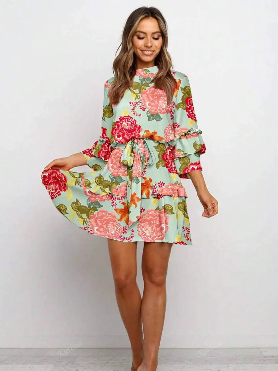 1pc Women's Fashion Print Round Neck Double Layer Ruffle Dress, And Light, Bohemian, Spring And Summer Outfits For Women