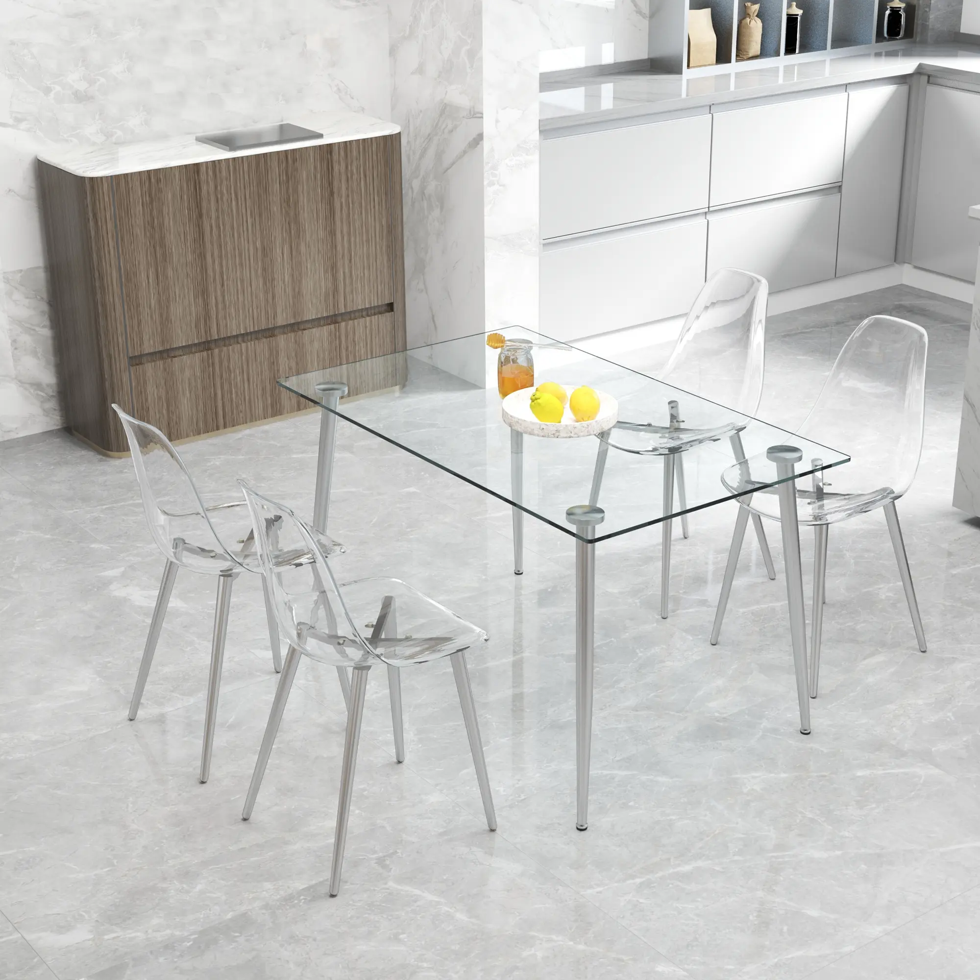 Set of 4 Clear Transparent Dining Chairs Modern Plastic Armless Crystal Chairs with Plated Metal Legs for Kitchen Living Room Makeup Vanity Studio Seating