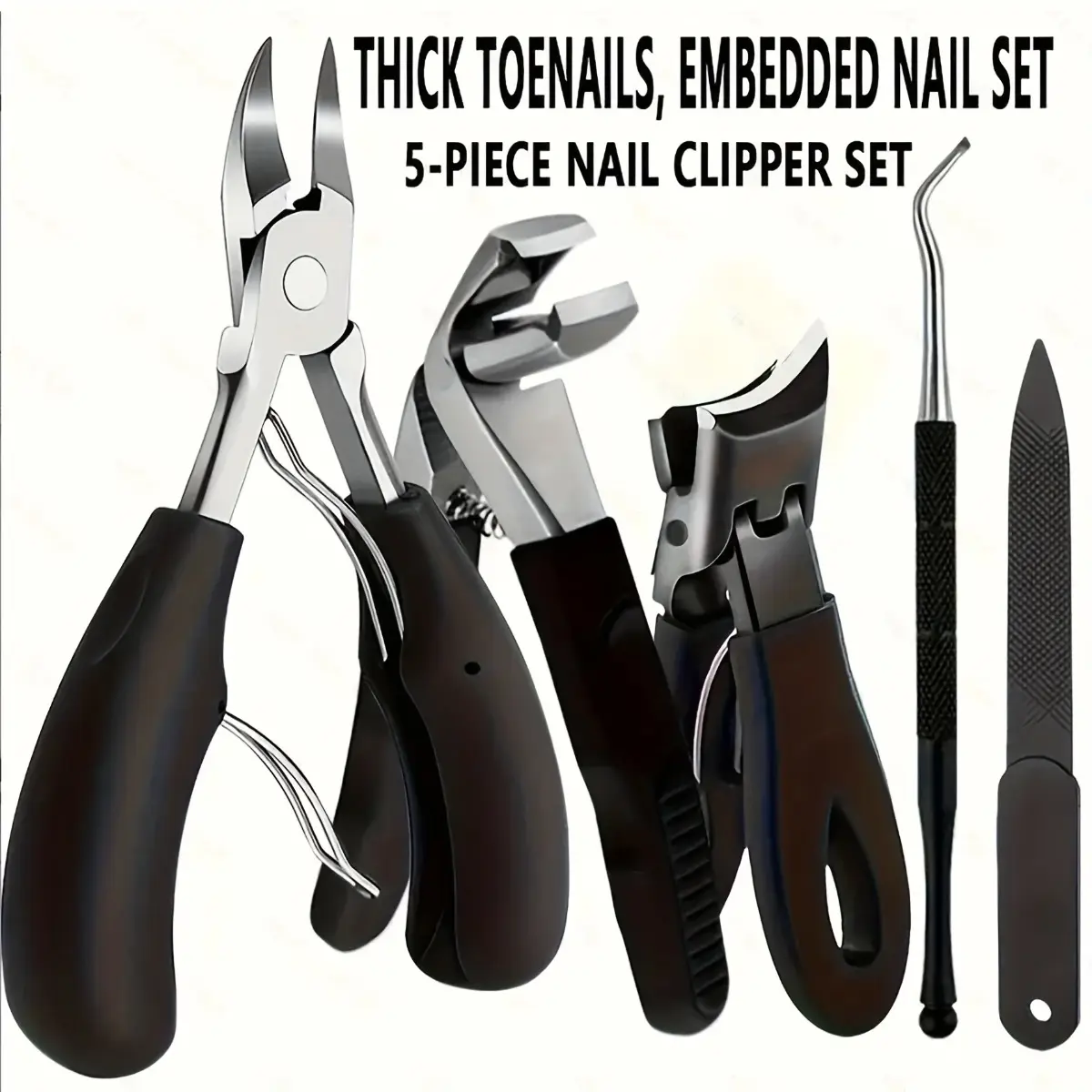 Ingrown Nail Clipper Set 5 Piece Stainless Steel Professional for Thick Nails Eagle Beak Scissors Ear Pick Men Women Grooming Kit Durable Rust Resistant Gift Set Black Handle