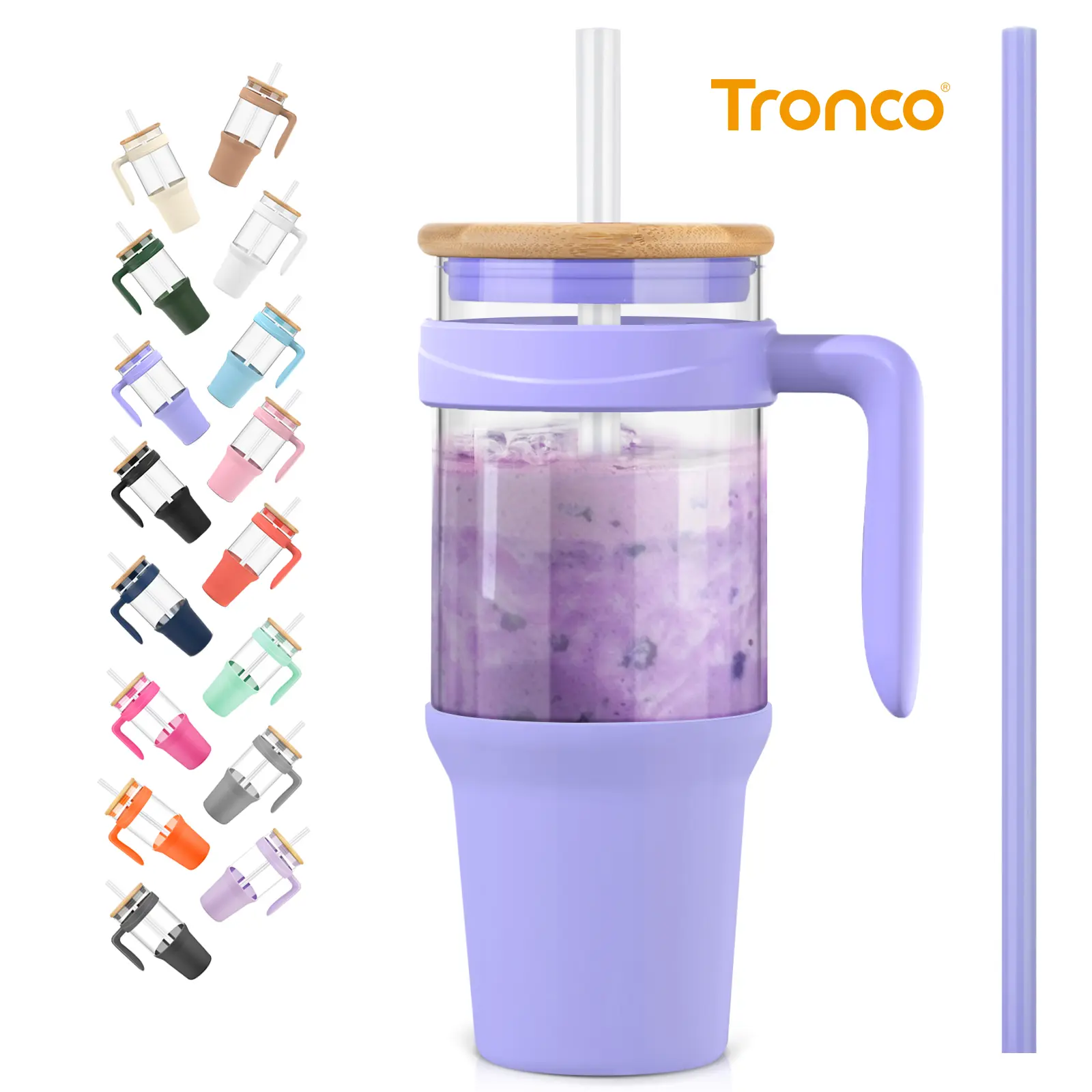 Tronco 40 oz Glass Cups with Lids and Straws, Reusable Glass Tumbler with handle, Iced Coffee Cup with Bamboo Lid, Glass Water Bottles Fit in Cup Holder, Smoothie Cup Boba Cup