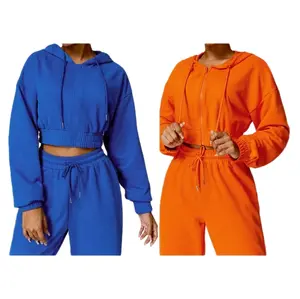 Women's Cropped Top  Cotton Zipper Jogging Drawstring Yoga Top Solid Hoodie Coat Active Training Sports Jacket