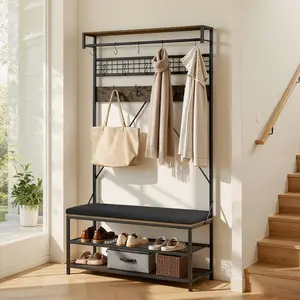 VEVOR Hall Tree, 72 in Coat Rack with Shoe Bench, 2-Tier Freestanding Shoe Rack Storage Organizer with Hooks, Hanging Rod and Wire Shelf, Steel Frame Entrance Coat Holder for Entry, Bedroom, Closet