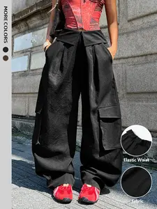 Women's wide-leg cargo pants, classical and fashionable elastic low-waist 4-pocket casual pants, solid color pocket pants, suitable for autumn and winter outings, streetwear, hip-hop, outdoor sports, and clubs (belt not included)
