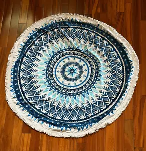 5' Round Turkish Cotton Beach Towel | Blue Mandala Design | Oversized Fringe Beach Blanket