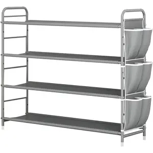 Shoe Rack Storage Organizer 4 Tier Free Standing Metal Shoe Shelf Compact Shoe Organizer with Side Bag for Entryway Closet Bedroom Multicolor