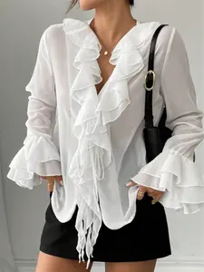 Elegant Fashion Pleated Collar Ruffled Long Sleeve Lightweight Chiffon Blouse Shirt, Daily Commute Vacation Top, Women's Fitted Casual Wear
