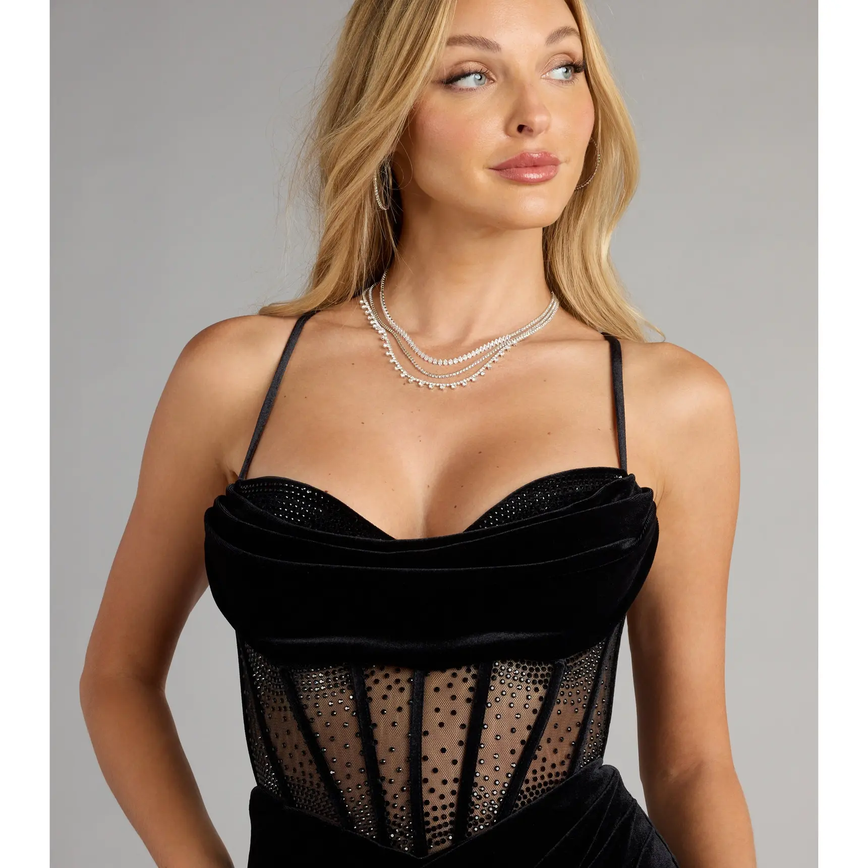 black velvet corset mini dress Crushin Hearts Black Corset Hook & Eye Plunge Velvet Dress – Nazz Collection main image 1