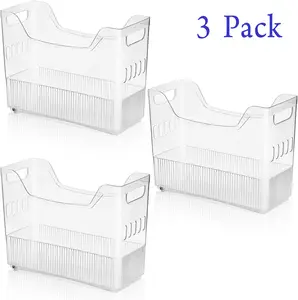 3 Pack Freezer Organizer Bins with Wheels, Clear Plastic Pantry Storage Organizer with Handle, Tall Narrow Kitchen Organization Rolling Bins for Fridge, Cabinet, Bathroom, Under Sink, Office