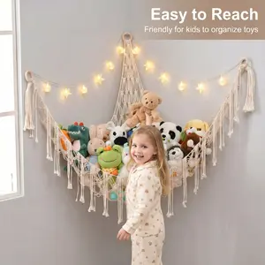 60-Inch Hangable Cotton Boho Stuffed Animal Window Hammock with LED Lights, Eco-Friendly French Country Home Organizer for Nursery Toy Clutter Storage
