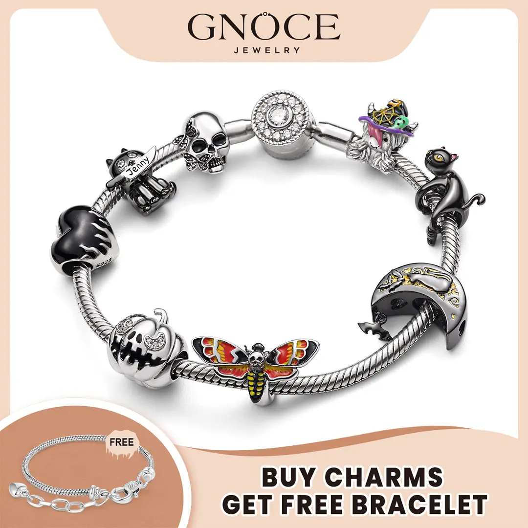 GNOCE S925 Sterling Silver Women's Halloween Charm Bead - 0.45cm, FSC094-Pumpkin Skull, Spooky Motifs, Cubic Zirconia, Enamel Accents, Black Cat, Ghost, Gothic-Punk Styles, Jewelry for Women, Fits Snake Chain Bracelets & Necklaces, Gothic And Punk Styles,
