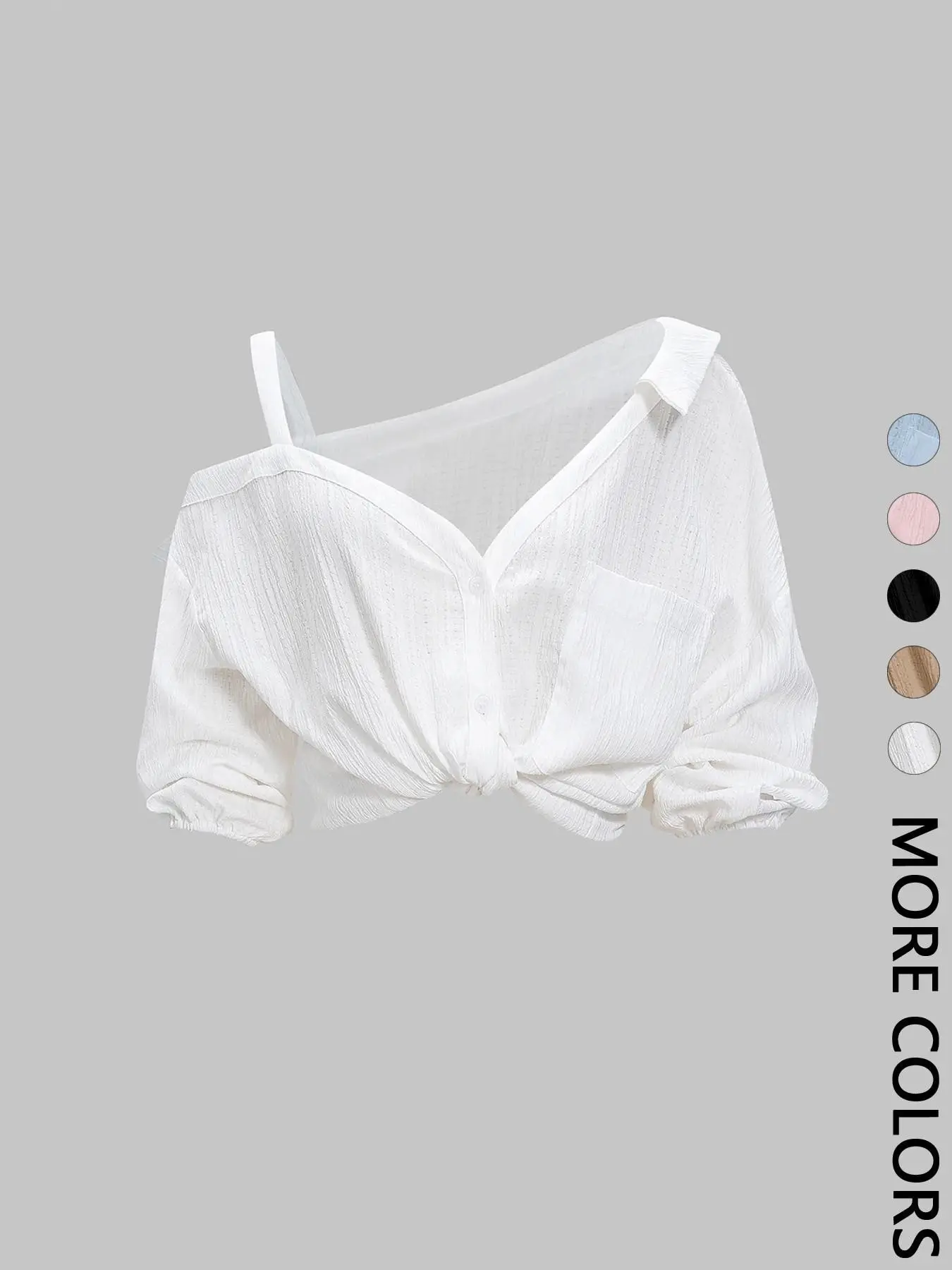 Women's Asymmetrical Off-Shoulder Top, V-Neck Button Front Textured Lantern Sleeve Cropped Shirt, Loose Fit Minimalist Casual Blouse, Breathable Lightweight Daily Wear