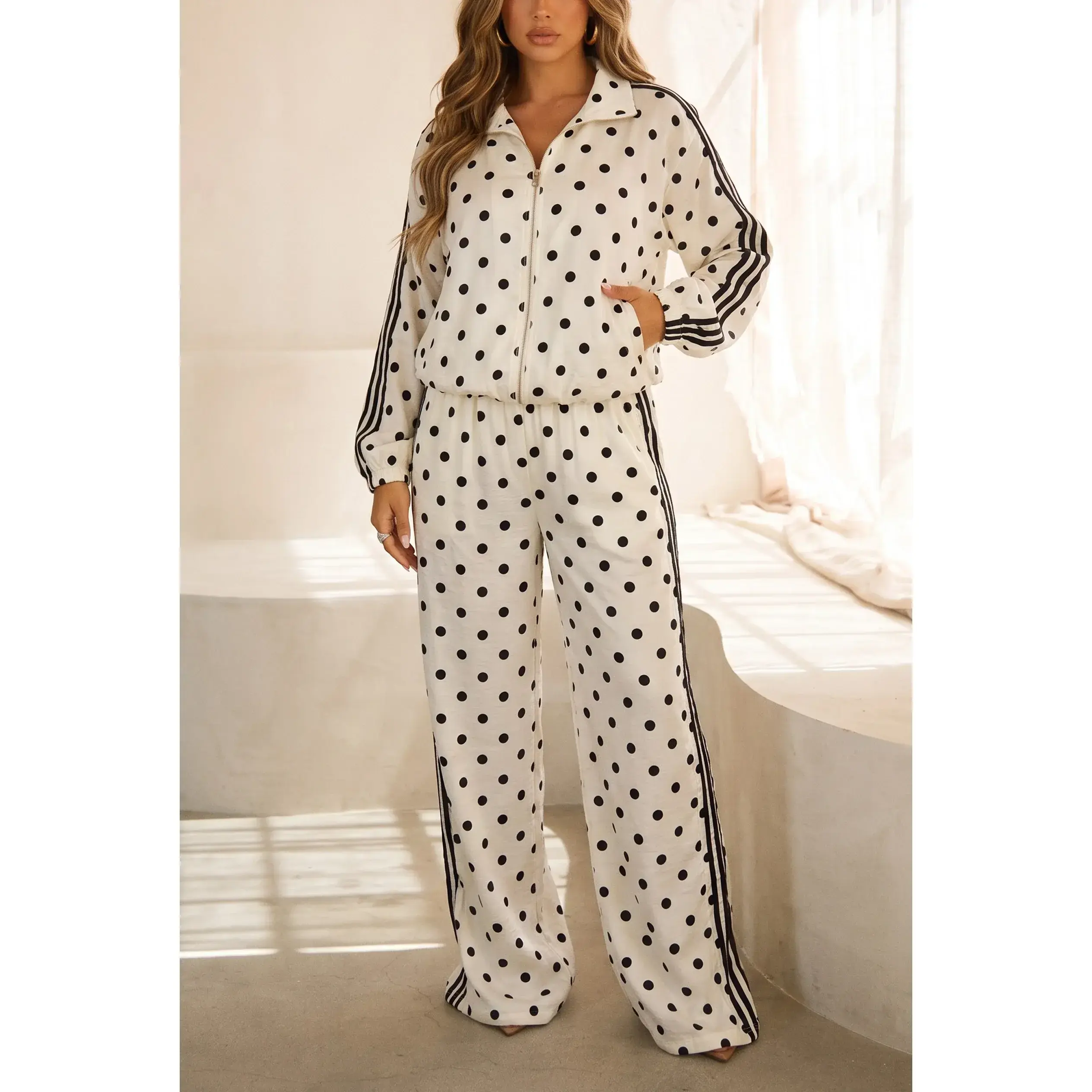 Janelle Polka Dot Track Pants Set - Ivory