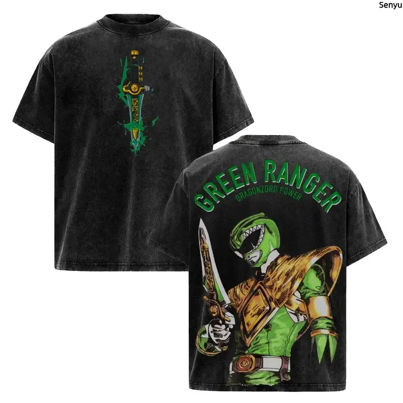 Vintage Washed Grey Green Ranger Dragonzord Power Double Sided T-Shirt Mighty Morphin Power Rangers Tee