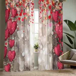 2pcs Red love heart on a wooden board background Pattern Printed Curtains, Window Curtain, semi-transparent polyester material fade-resistant. Can be machine-washed, rod pocket hanging, suitable for bedrooms and living rooms, home decoration