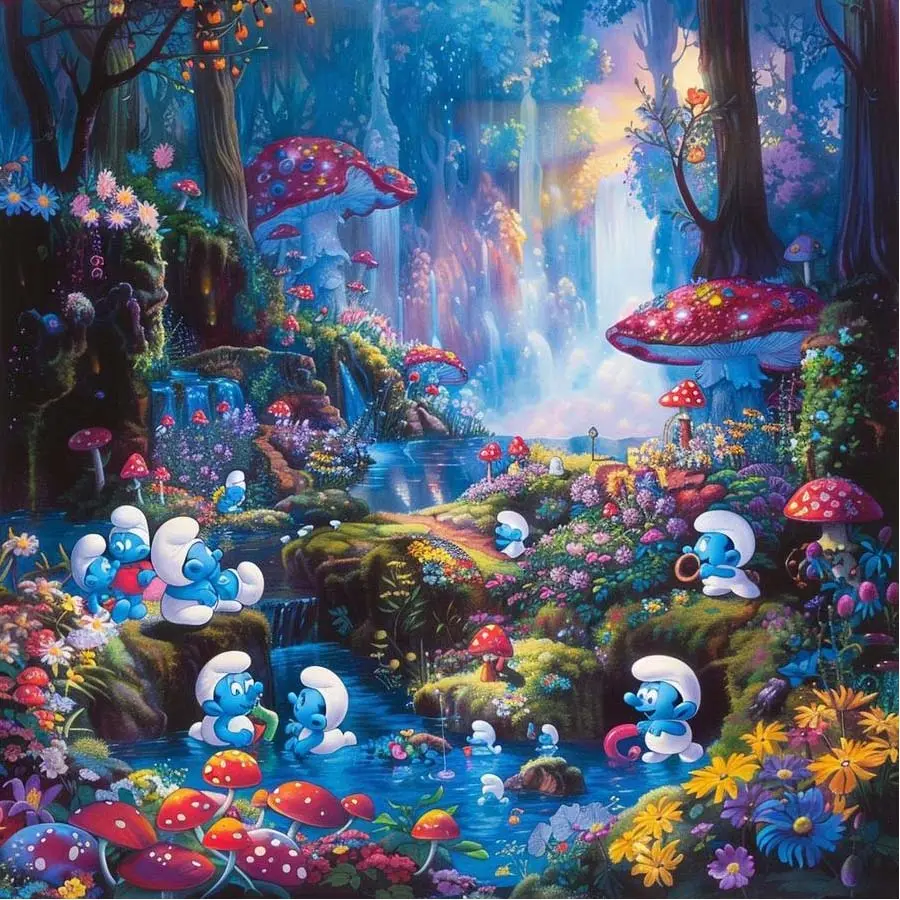 5D DIY Full Drill Round Diamond Painting - Diamond Art Painting Kit Smurfs, Mushrooms, Waterfall Mosaic, Canvas - DIY Decor, Home Wall Art, Suitable for Halloween and Christmas, Birthday, Anniversary and Handmade Gifts